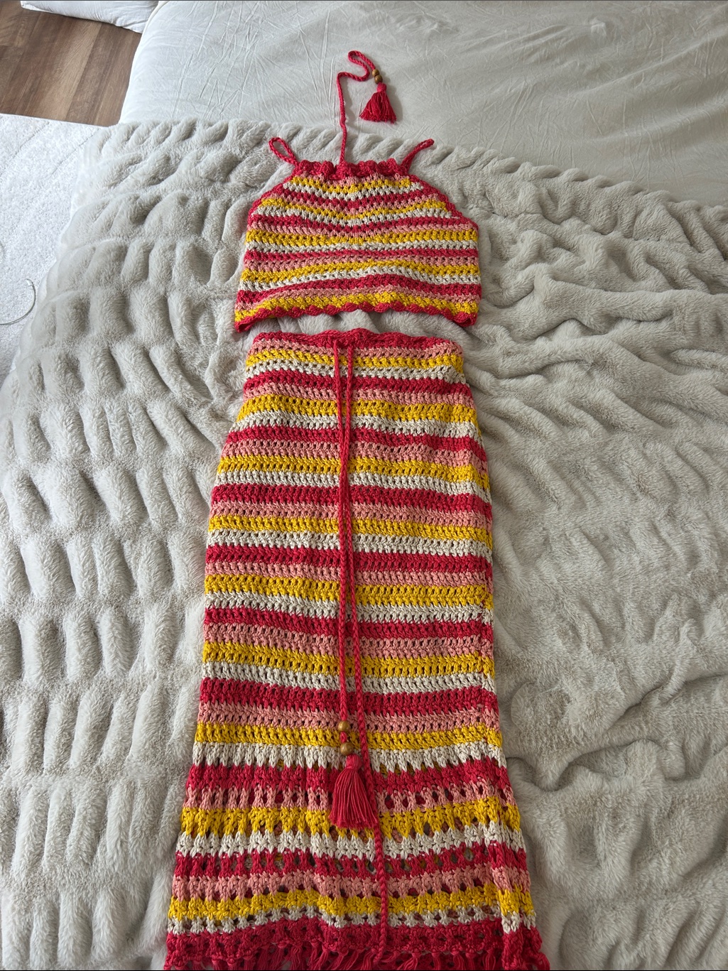 Indikah Crochet Two-Piece Set In Pink, Yellow & White
